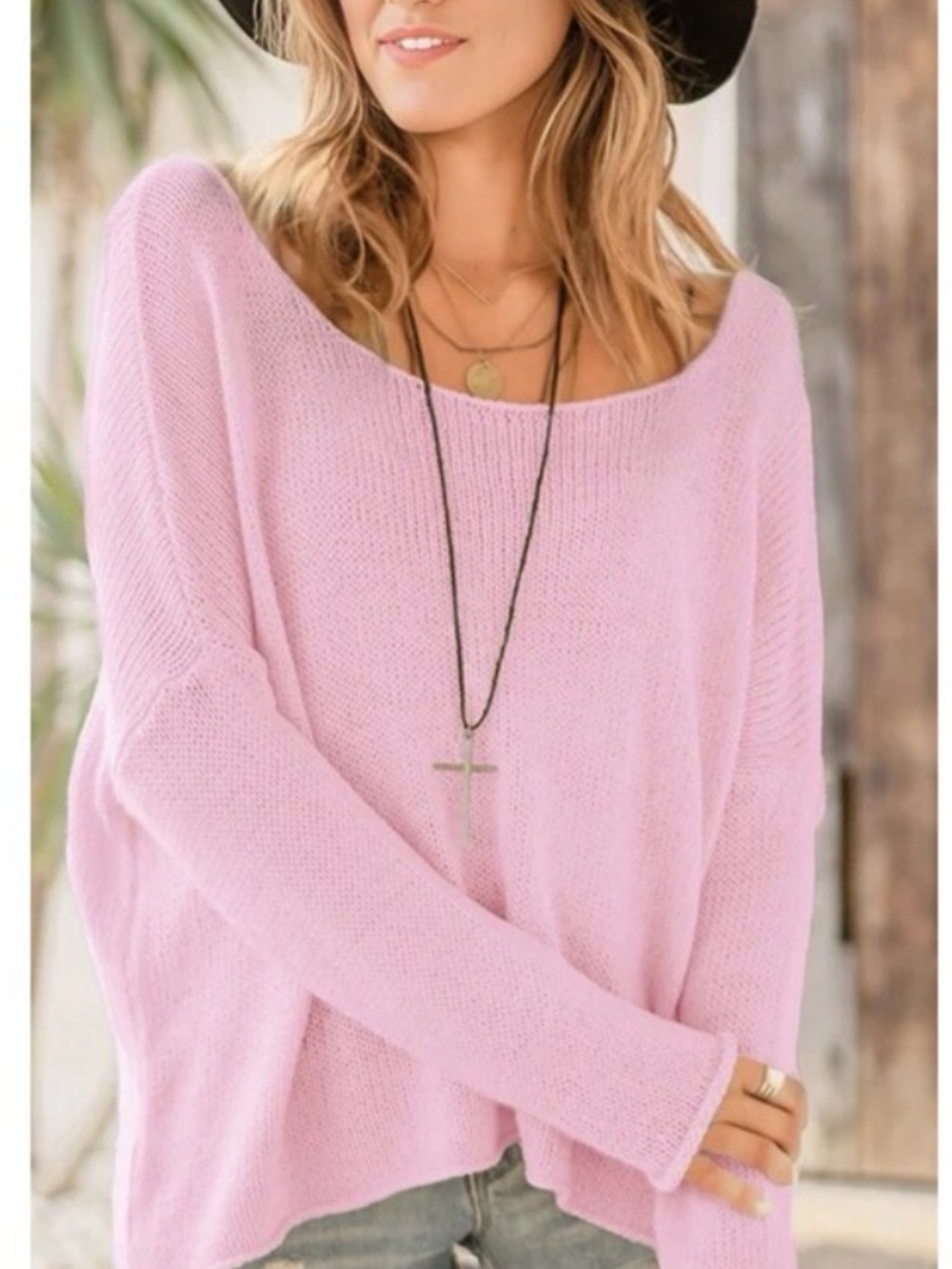 Wooden Ships Pink Knit Oversized Pullover Sweater Boat Neck Long Sleeve Women